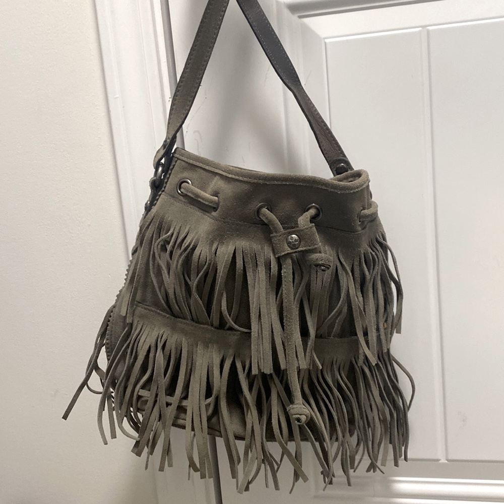 Suede fringed gray crossbody bag